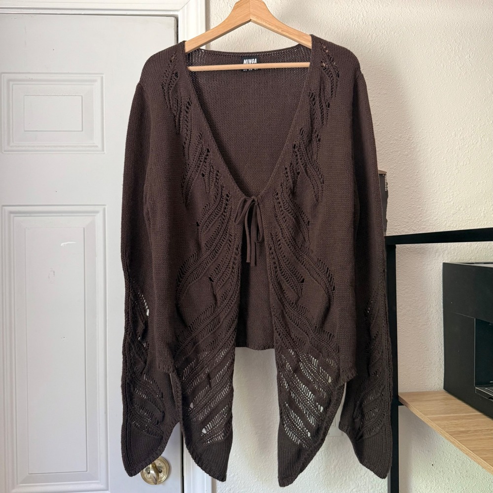 MINGA London Brown crochet knit bell long sleeve tie front cardigan sweater